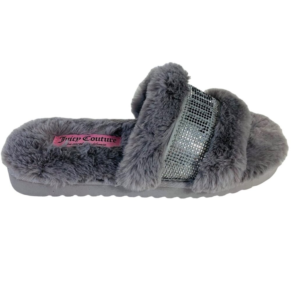 Juicy Couture Halo Grey Faux Fur Slippers Size 8 Rhinestone Band Open Toe Lounge